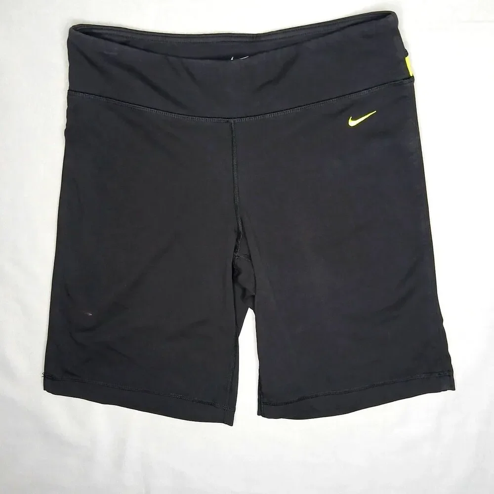 Nike Dri-fit Bike Shorts Long Athletic Workout Stretch Black Yellow Womens Med
